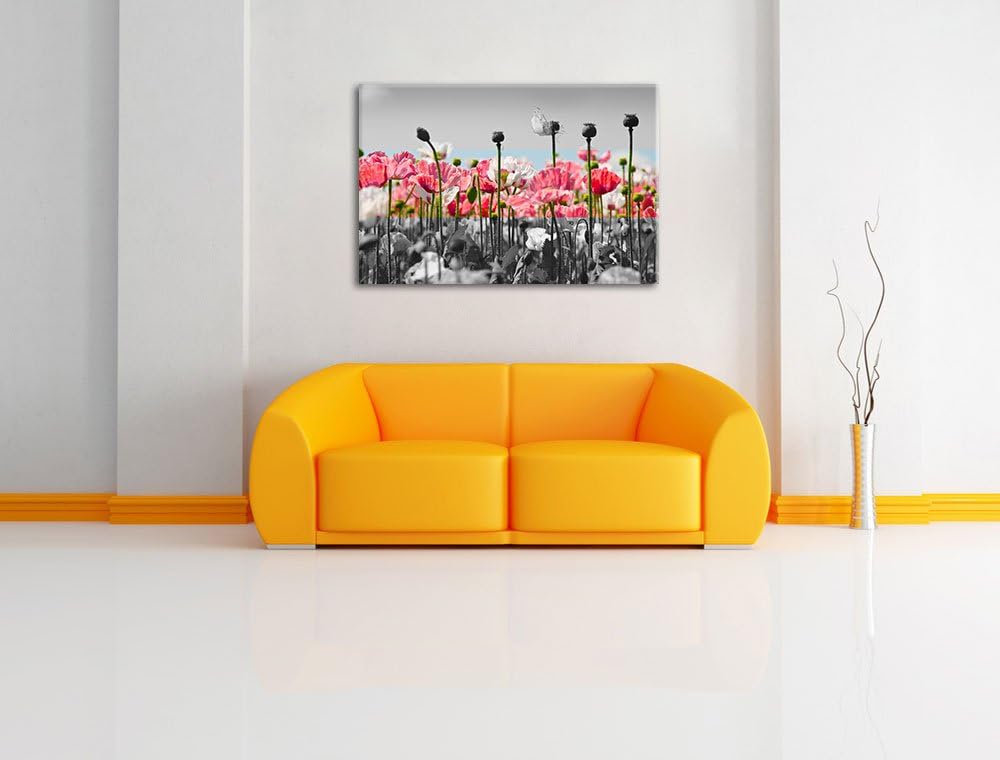 Blumenwiese Mohnblumen schwarz/weiss Format: 100x70 auf Leinwand, XXL riesige Bilder fertig gerahmt