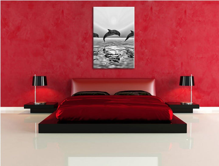 Pixxprint Monocrome, springende Delfine im Sonnenuntergang, Format: 100x70 auf Leinwand, 100x70
