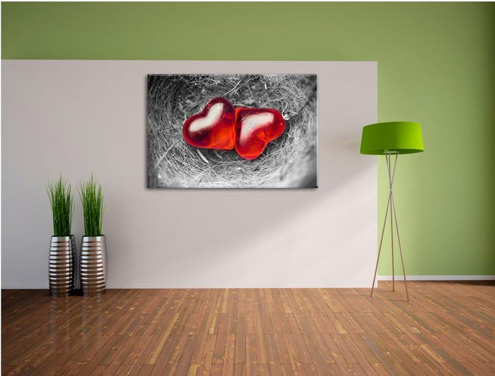 zwei Herzen in kleinem Nest schwarz/weiss Format: 100x70 auf Leinwand, XXL riesige Bilder fertig ger