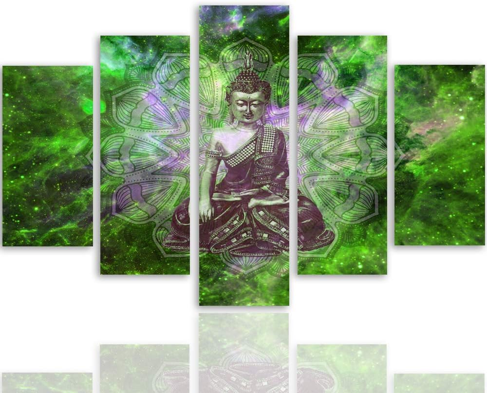 Feeby Bilder Abstrakt 300x140 cm Leinwandbild 5 Teilig XXL Kunstdruck modern Buddha grün Leinwandbil