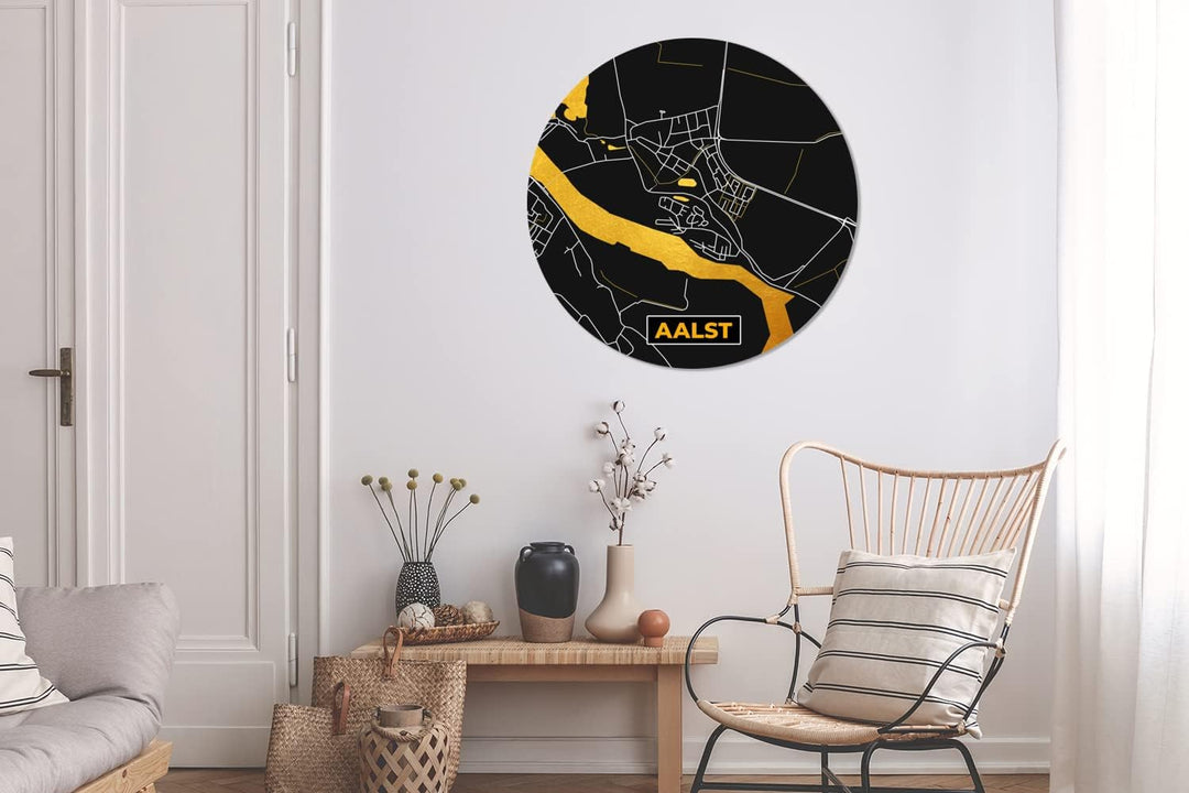MuchoWow Wandbild Rund Wanddeko Deko Wohnzimmer Bilder 90x90 cm Karte - Gold - Aalst - Karte - Stadt