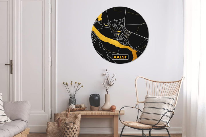 MuchoWow Wandbild Rund Wanddeko Deko Wohnzimmer Bilder 90x90 cm Karte - Gold - Aalst - Karte - Stadt
