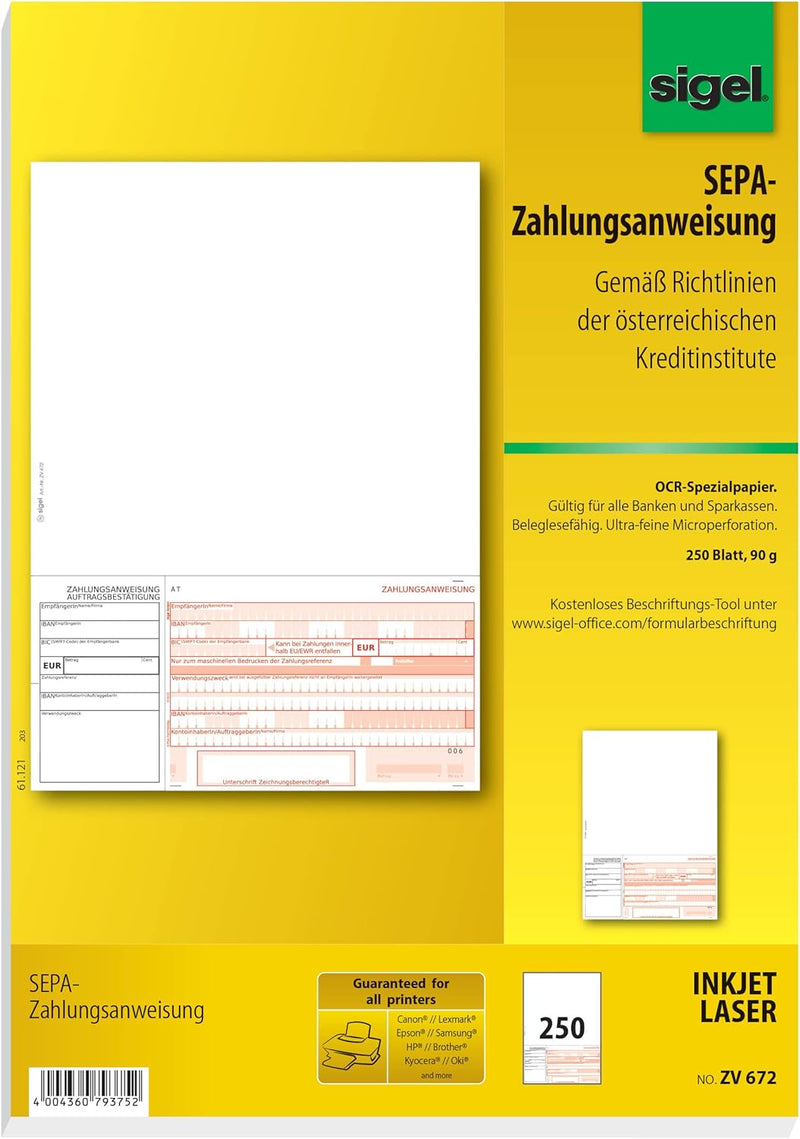 SIGEL ZV672 SEPA-Überweisungen Zahlungsanweisungen Österreich, A4, 250 Blatt, incl. free download Be