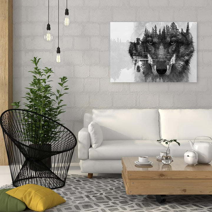 Feeby Vlies Leinwandbild Wolfskopf See Wald 100x70 cm Druckbild Wandbild Wanddekoration Deko Wand Ae