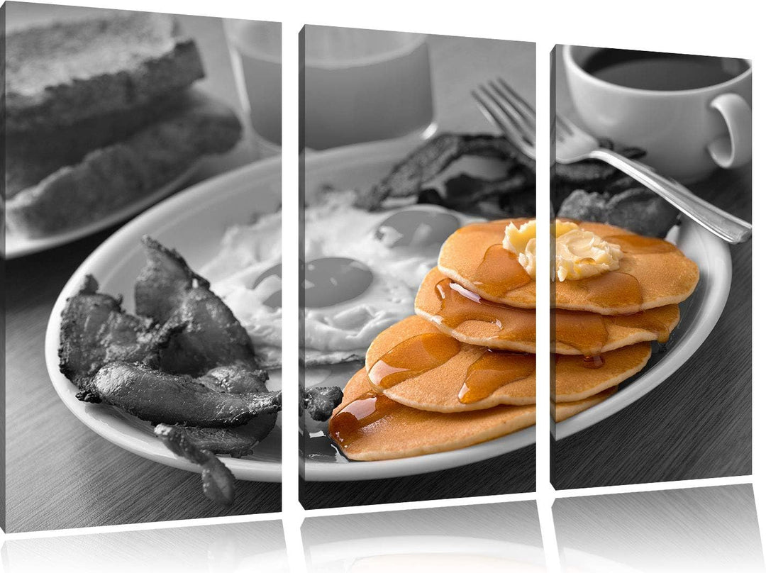 Leckere Pancakes zum Frühstück schwarz/weiss 3-Teiler Leinwandbild 120x80 Bild auf Leinwand, XXL rie