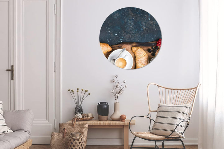 MuchoWow Wandbild Rund Wanddeko Deko Wohnzimmer Bilder 90x90 cm Croissant - Obst - Kaffee - Küche, 9