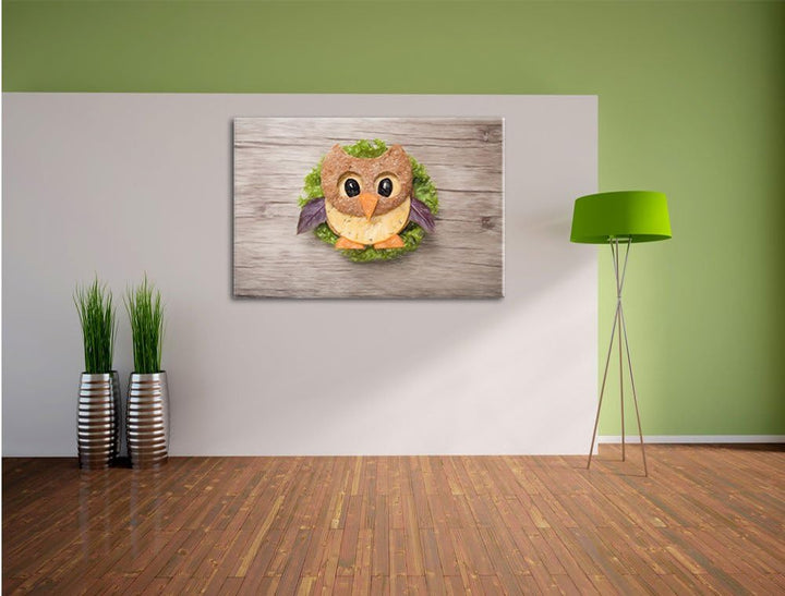 Pixxprint das lustige Eulen Sandwich Kunst Buntstift Effekt, Format: 100x70 auf Leinwand, 100x70