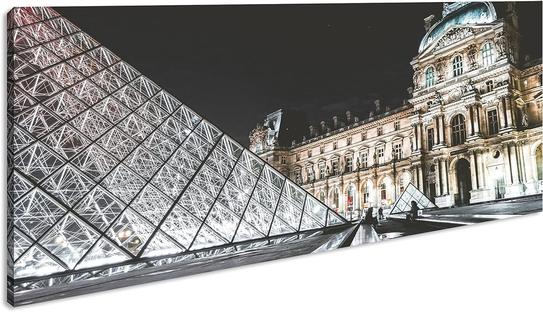 Pariser Louvre bei Nacht Panorama 80x40 cm als Leinwandbild, Motiv fertig gerahmt auf Echtholzrahmen