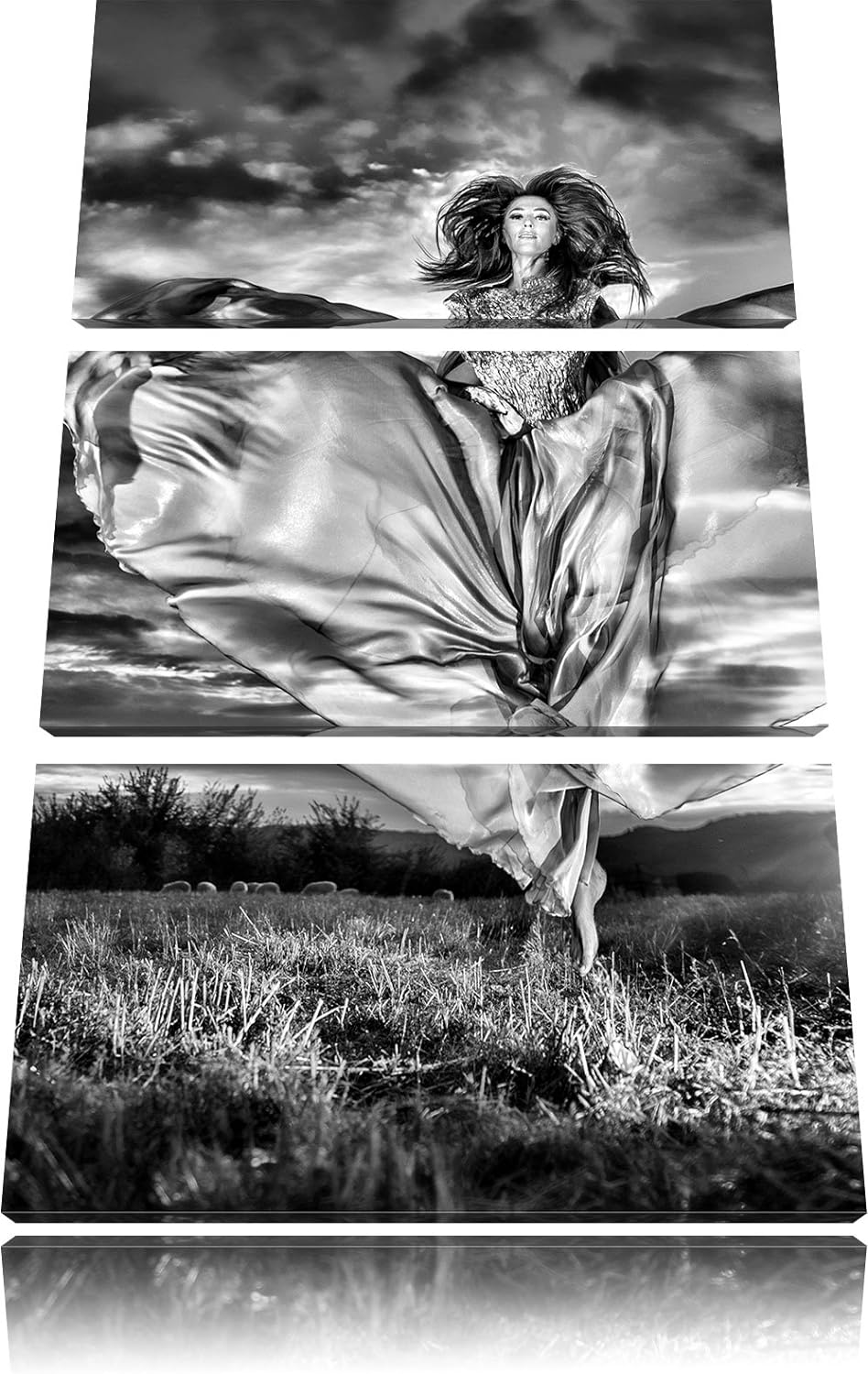 Pixxprint Frau mit Kleid bei Sonnenuntergang als Leinwandbild/Grösse: 3 Teilig (120x80) cm/Wandbild/