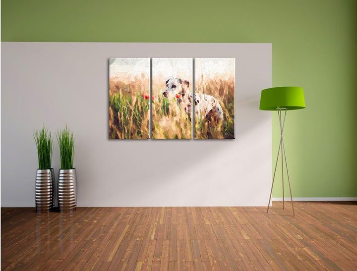 Pixxprint Neugieriger Hund im Feld Kunst / 3-Teilig/Gesamtmass 120cm Leinwandbild bespannt auf Holzr