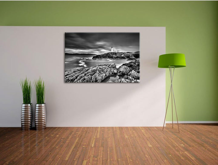 Pixxprint Leuchtturm im Meer / 100x70cm Leinwandbild bespannt auf Holzrahmen/Wandbild Kunstdruck Dek