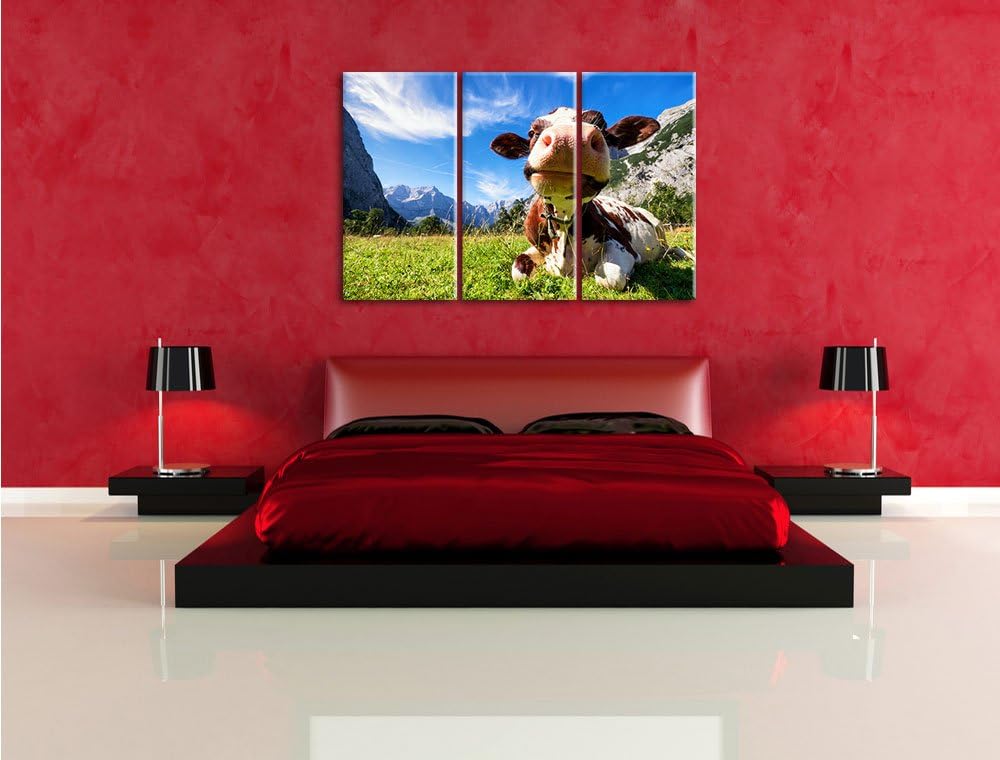 Pixxprint Kuh im Karwendelgebirge als Leinwandbild | Grösse: 3 Teilig (120x80) | Wandbild| Kunstdruc
