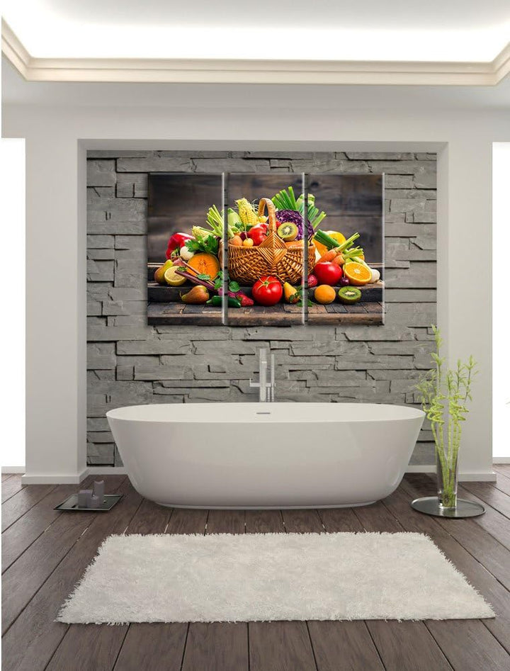 Pixxprint Frisches Obst und Gemüse im Korb als Leinwandbild 3 teilig/Grösse: 3 Teilig (120x80) / Wan
