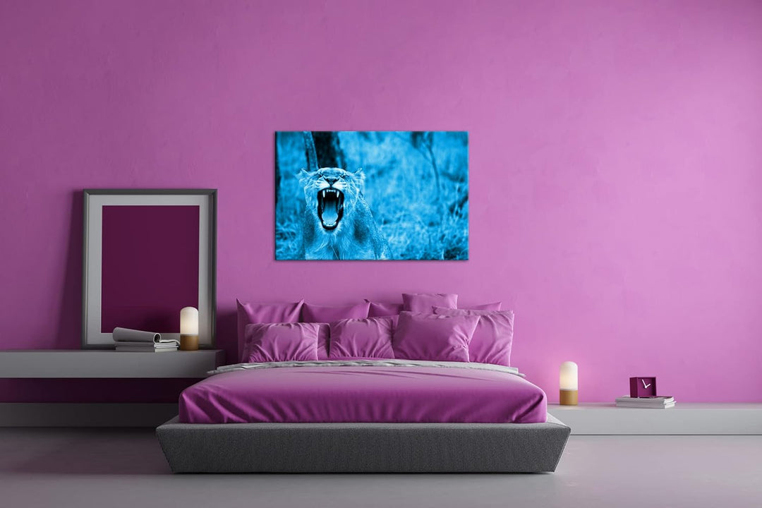 deyoli brüllende Löwin Format 80x60 Effekt: Monocrome Blau als Leinwandbild, Motiv fertig gerahmt au