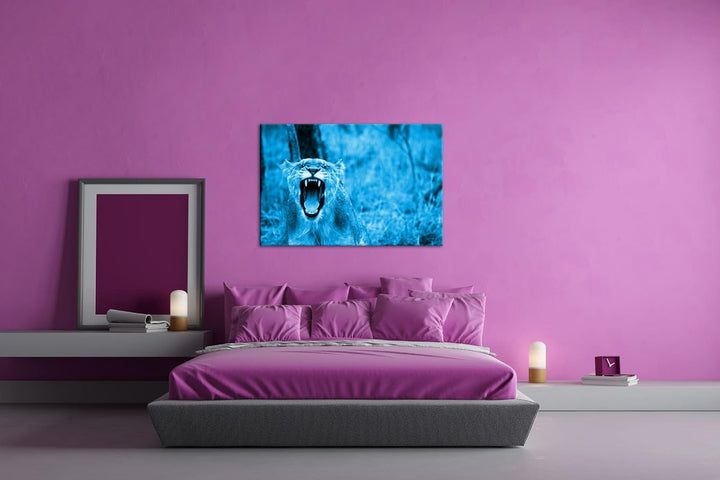 deyoli brüllende Löwin Format 80x60 Effekt: Monocrome Blau als Leinwandbild, Motiv fertig gerahmt au