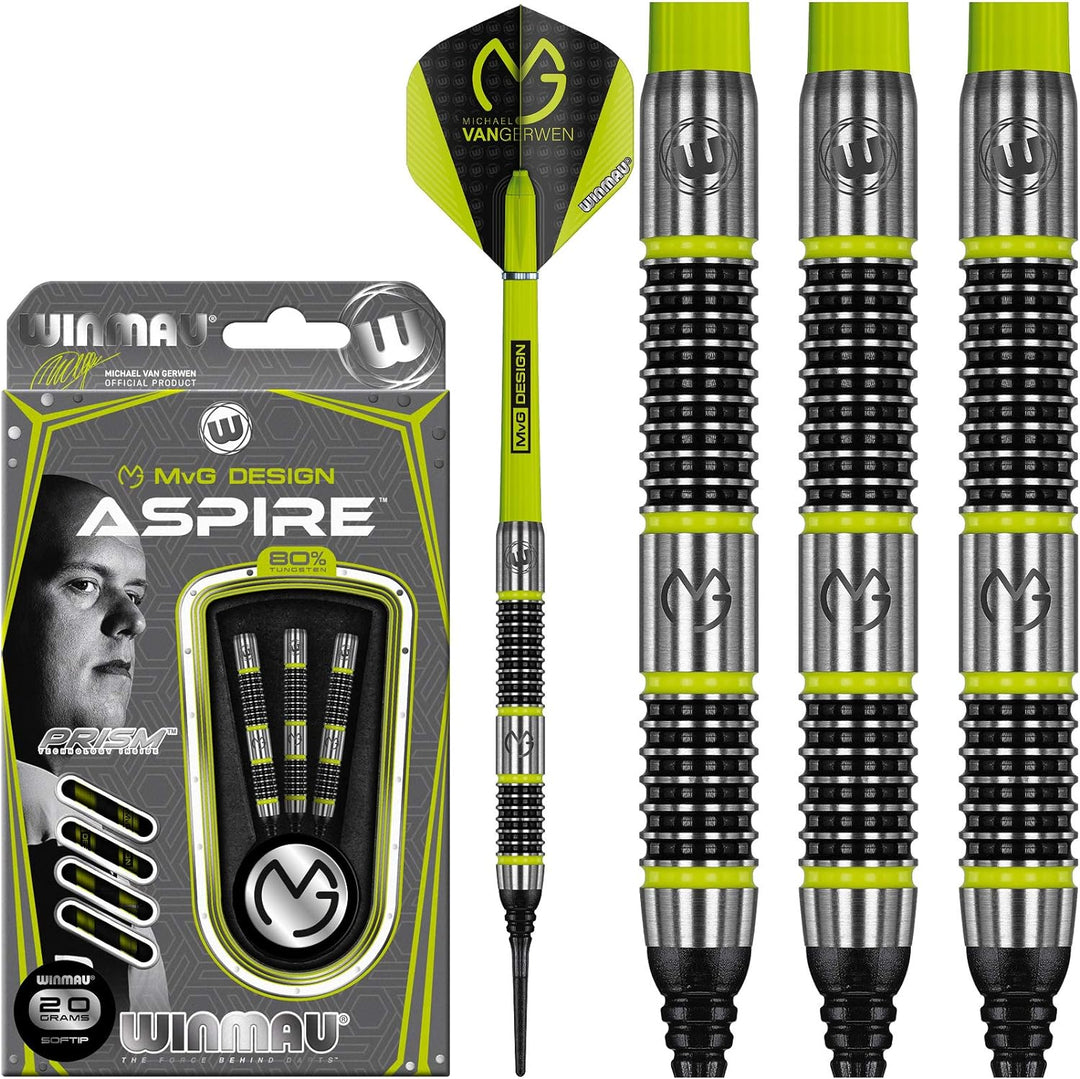WINMAU Michael Van Gerwen MvG Aspire 20g Profi Wolfram Softip Dartpfeile Set mit Flights und Schäfte