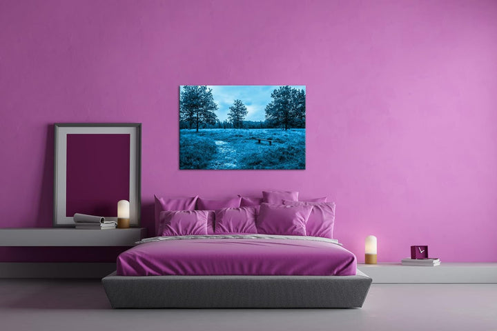 deyoli einsame Bank im Wald Format: 80x60 Effekt: Monocrome Blau als Leinwand, Motiv fertig gerahmt