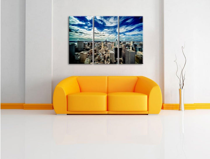 Pixxprint New York von Oben Neon Lights Effekt 3-Teiler Leinwandbild 120x80 Bild auf Leinwand