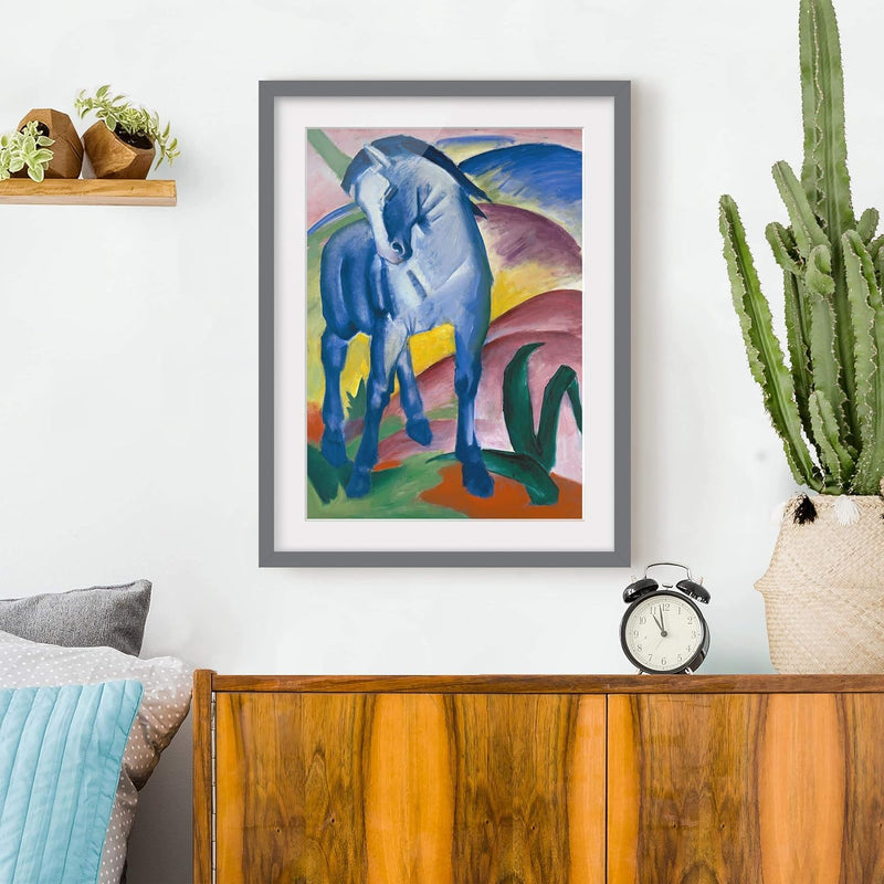 Bild mit Rahmen - Franz Marc - Blaues Pferd - Rahmenfarbe Grau, 70 x 50 cm 70cm x 50cm Grau, 70cm x