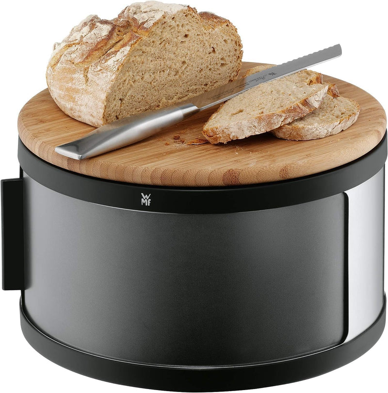 WMF Gourmet Brotkasten rund 32 x 13 cm, mit Schneidbrett, Brottrommel, Bambus, Cromargan Edelstahl,