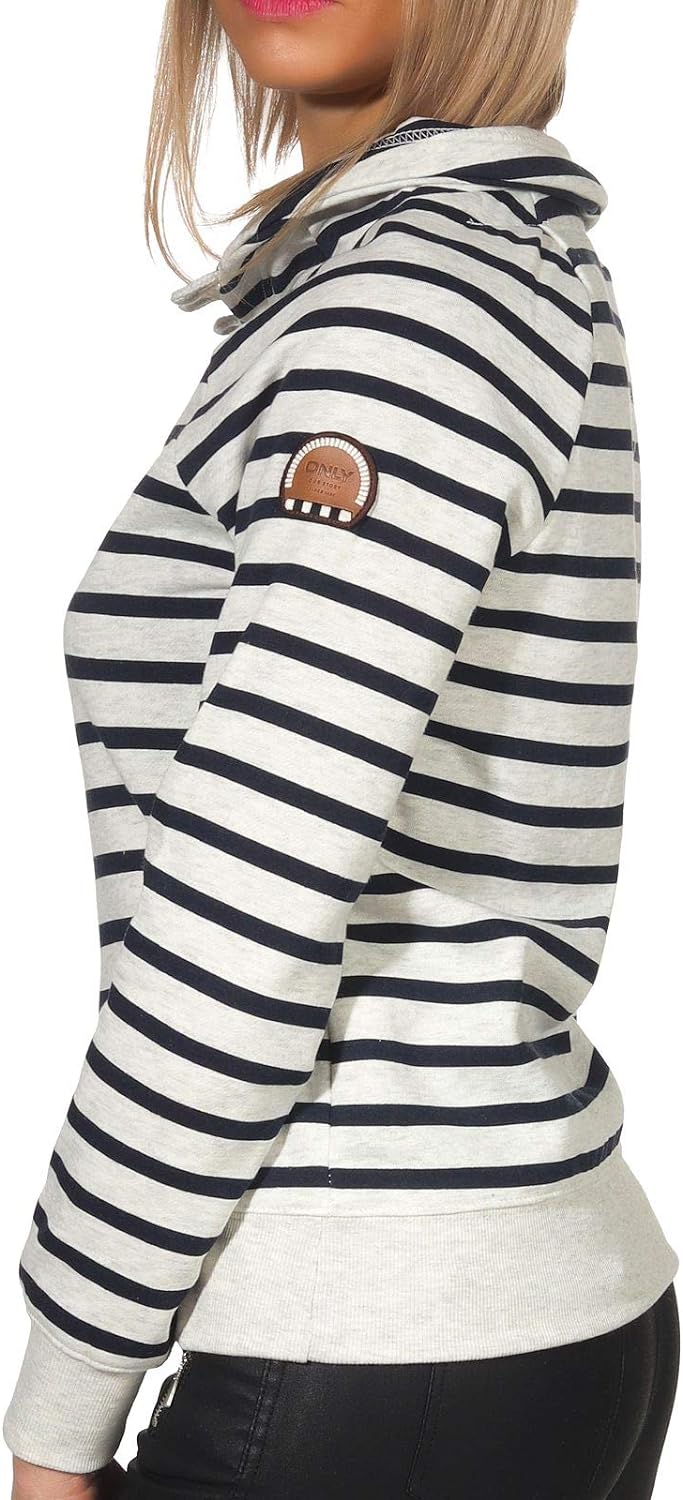 ONLY Damen gestreiftes Sweatshirt Randi Nadine Knopfleiste 15170109 Oatmeal Stripes/Night Sky M