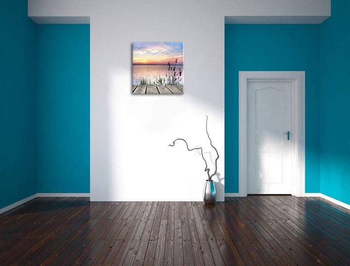 Pixxprint Steg mit Ausblick aufs Meer, Format: 70x70 auf Leinwand, 70x70