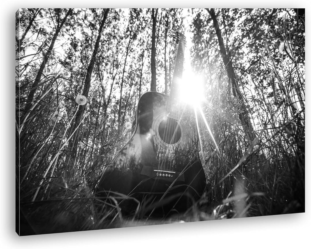 deyoli akustische Gitarre im idyllischen Wald Effekt: Schwarz/Weiss im Format: 80x60 als Leinwandbil