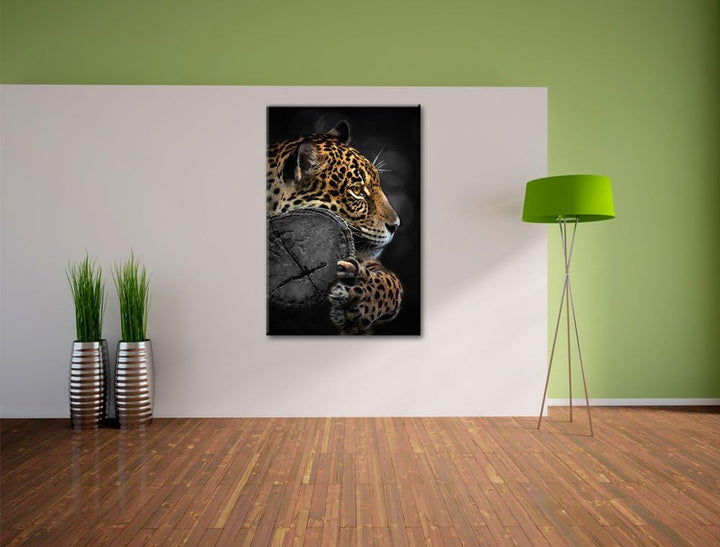 Dark prächtiger Leopard auf Stamm schwarz/weiss Format: 100x70auf Leinwand, XXL riesige Bilder ferti