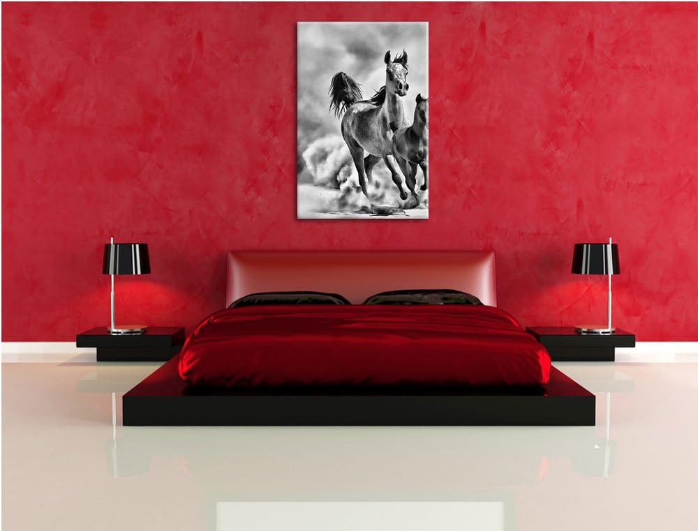 Pixxprint Monocrome, Western Pferde in Wüste mit Fohlen, Format: 100x70 auf Leinwand, XXL riesige Bi