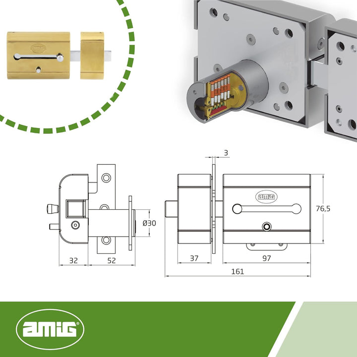 Amig - Hohe Sicherheit Klappschloss für Holztüren | Mod. 15 PLUS | 98 x 77 mm | mit rundem Sicherhei