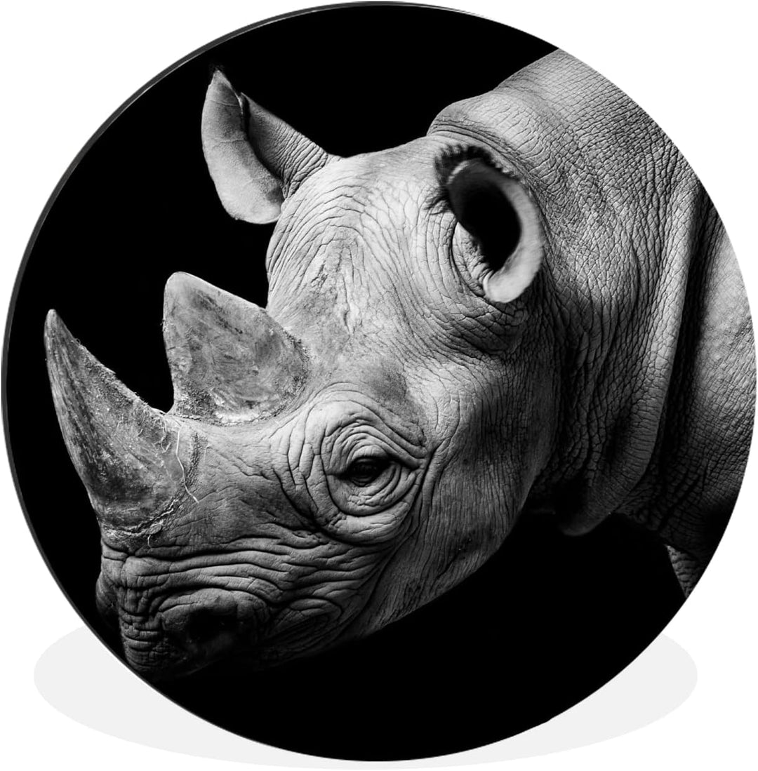 MuchoWow Wandbild Rund Wanddeko Deko Wohnzimmer Bilder 90x90 cm Tiere - Nashorn - Schwarz - Weiss -
