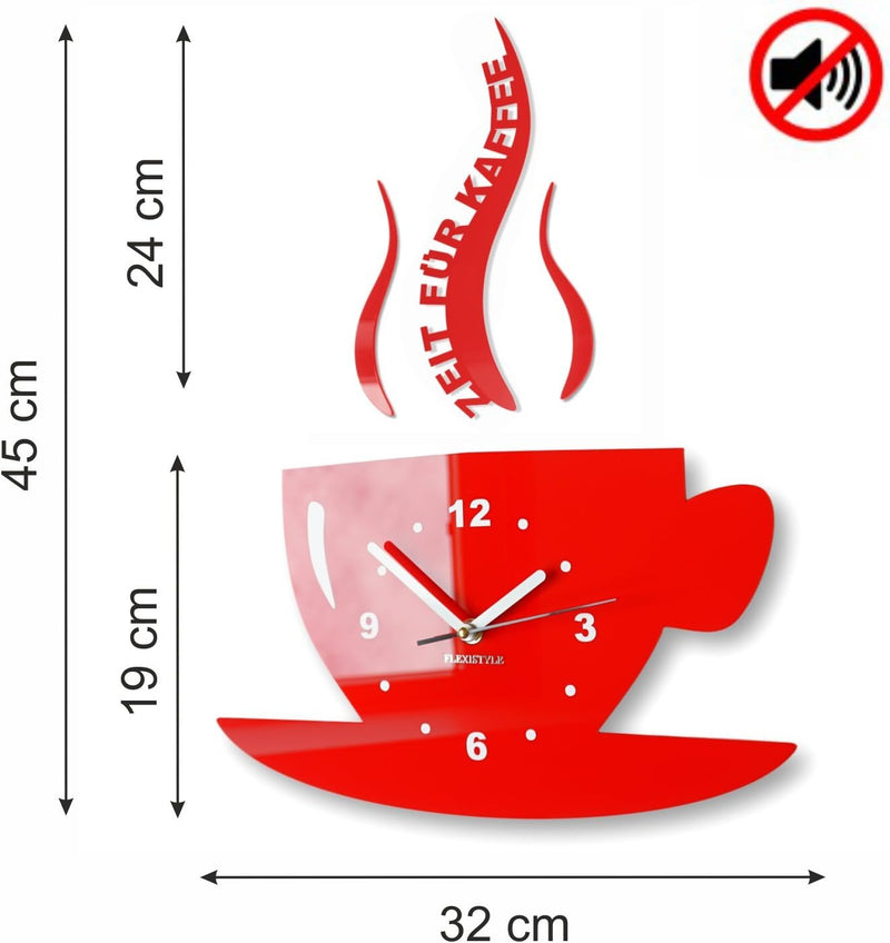 FLEXISTYLE Tasse Zeit für Kaffee Moderne Küche Wanduhr, 3D römisch, wanduhr deko (gelb), Gelb