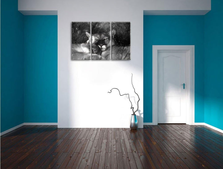 Pixxprint verschlafenes Puma Paar Kunst als Leinwandbild/Grösse: 3 Teilig (120x80) / Wandbild/Kunstd