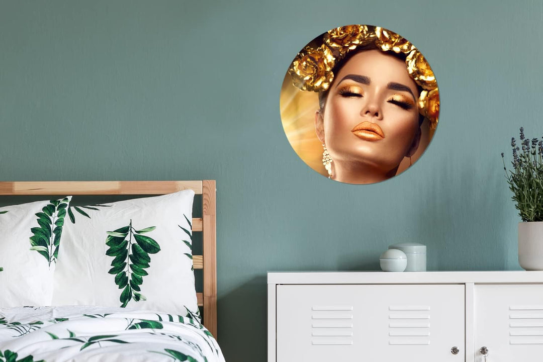 MuchoWow Wandbild Rund Wanddeko Deko Wohnzimmer Bilder 60x60 cm Frau - Rosen - Gold, 60x60 cm