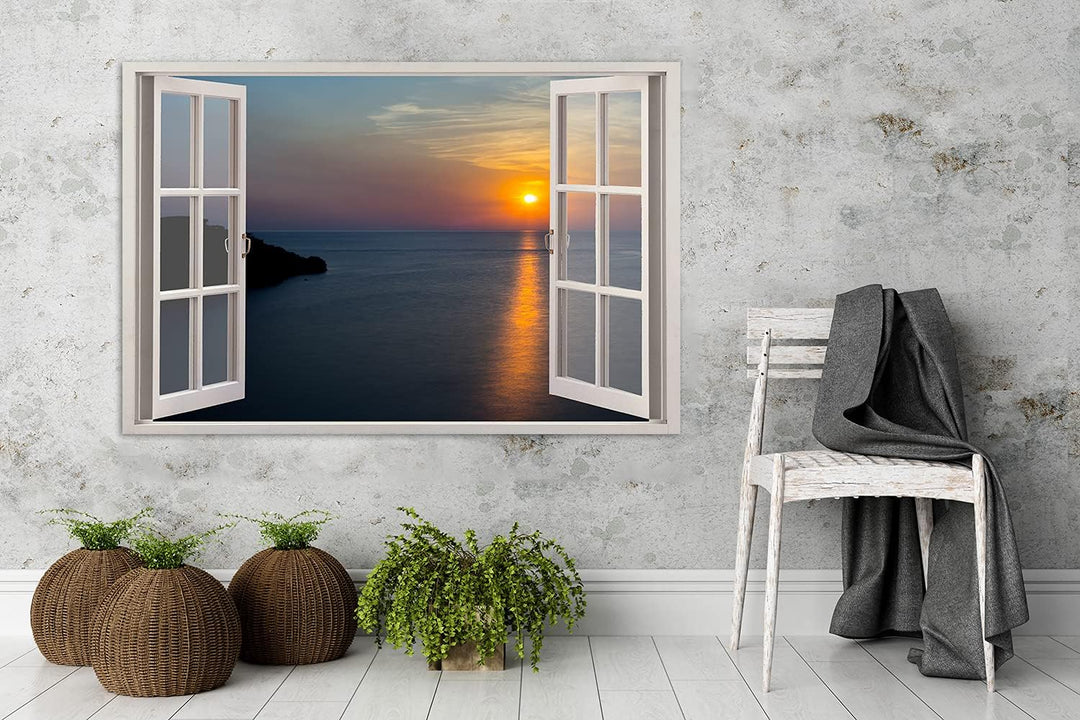 Feeby Bild auf Vlies Leinwand Fensteransicht 3D-Effekt 90x60 cm Kunstdruck Modern Wandbilder Deko Fl