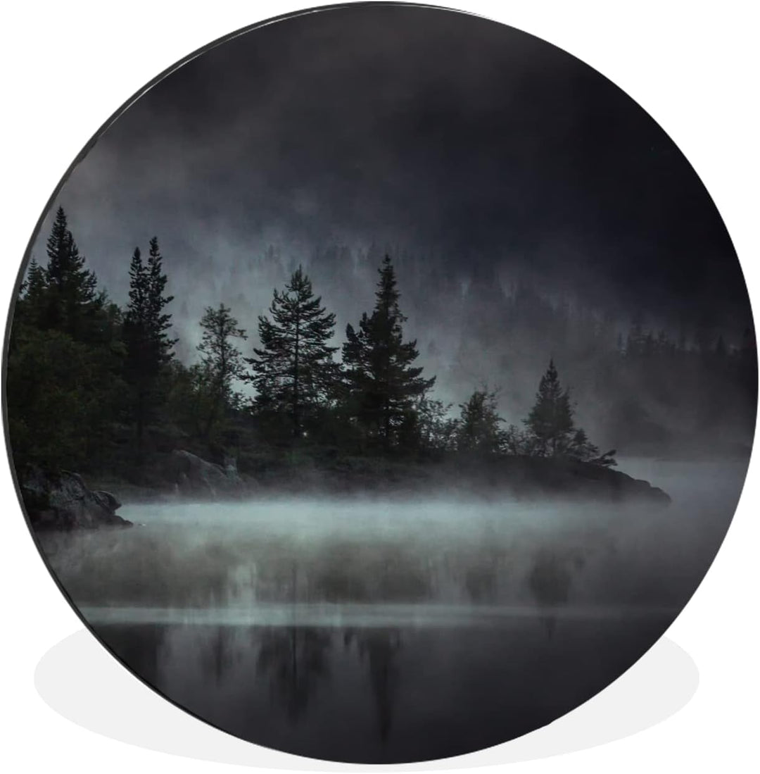 MuchoWow Wandbild Rund Wanddeko Deko Wohnzimmer Bilder 60x60 cm Wald - Nebel - Schwarz - Weiss, 60x6