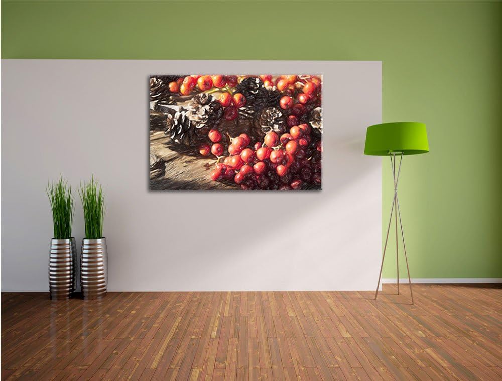 Pixxprint Vogelbeeren und Tannenzapfen als Leinwandbild/Grösse: 100x70 / Wandbild/Kunstdruck/fertig