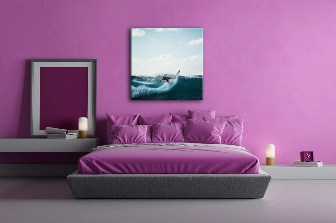 deyoli Cooler Surfer beim Wellenreiten Format: 70x70 als Leinwandbild, Motiv fertig gerahmt auf Echt