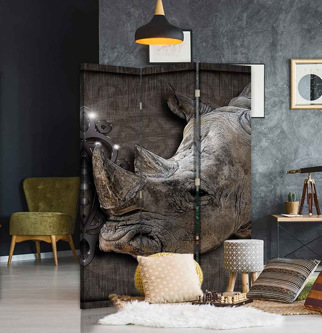 Trennwand 3 TLG Nashorn Bedruckt auf Leinwand beidseitig Abstratk Grau 110x175 cm Beidseitig 3 TLG 1