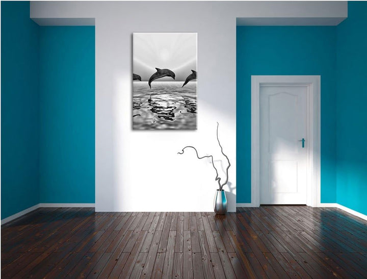 Pixxprint Monocrome, springende Delfine im Sonnenuntergang, Format: 100x70 auf Leinwand, 100x70