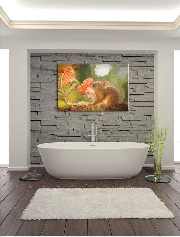 Pixxprint Eichhörnchen riecht an Einer Blume als Leinwandbild/Grösse: 100x70 cm/Wandbild/Kunstdruck/
