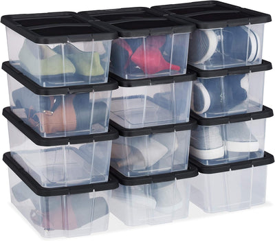12 x Schuhbox Kunststoff, stapelbar, durchsichtige Aufbewahrungsboxen mit Deckel, HxBxT: 12,5 x20 x