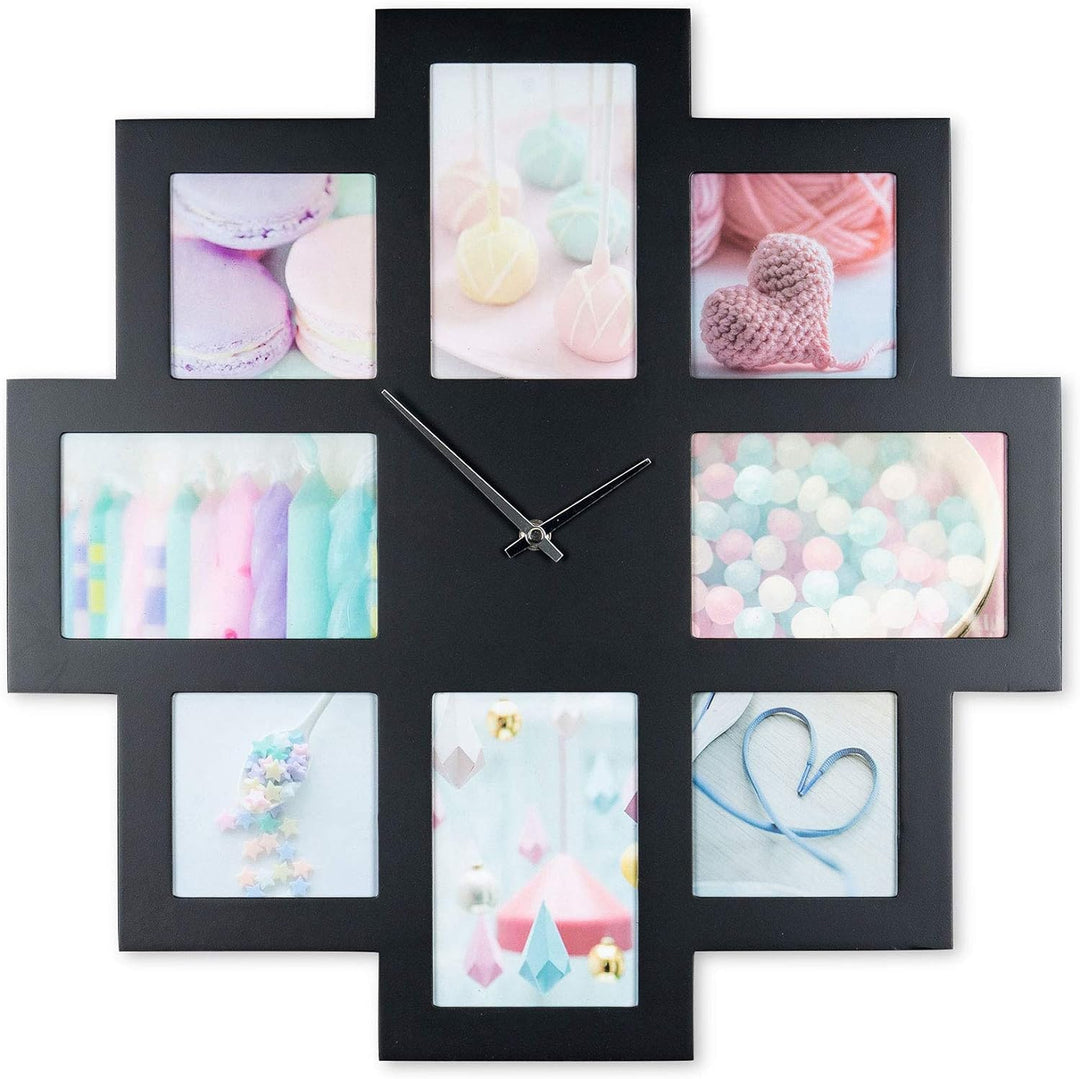levandeo Wanduhr Schwarz 48x48cm Holz Bilderrahmen 8 Fotos Fotorahmen Collage Fotouhr Uhr Küchenuhr