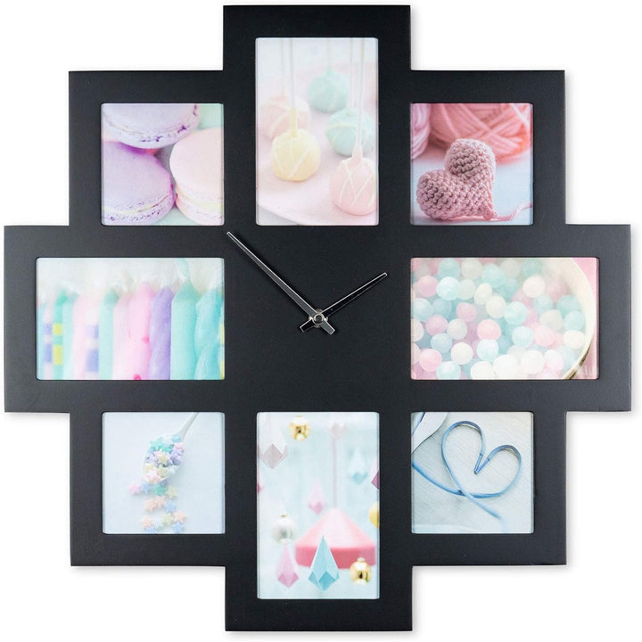 levandeo Wanduhr Schwarz 48x48cm Holz Bilderrahmen 8 Fotos Fotorahmen Collage Fotouhr Uhr Küchenuhr