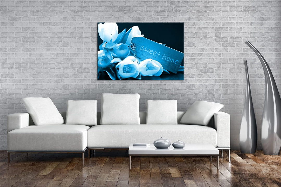 deyoli Tulpen Sweet Home Format: 80x60 Effekt: Monocrome Blau als Leinwand, Motiv fertig gerahmt auf