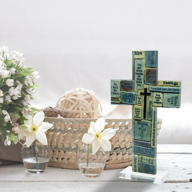 HOMSFOU Acryl Kreuz Figur Tischdeko Kruzifix Stehend Kinderkreuz Stehkreuz Tischkreuz Standkreuz Mot