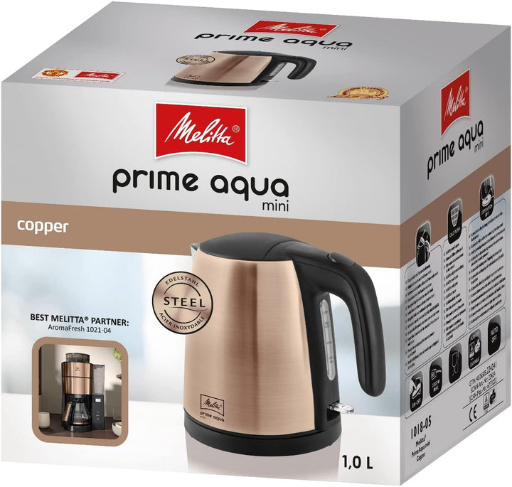 Wasserkocher - MELITTA - Prime Aqua mini, Edelstahl, Farbedition: Kupfer, 1.0 L, 2200 W, 1018-05, Ku
