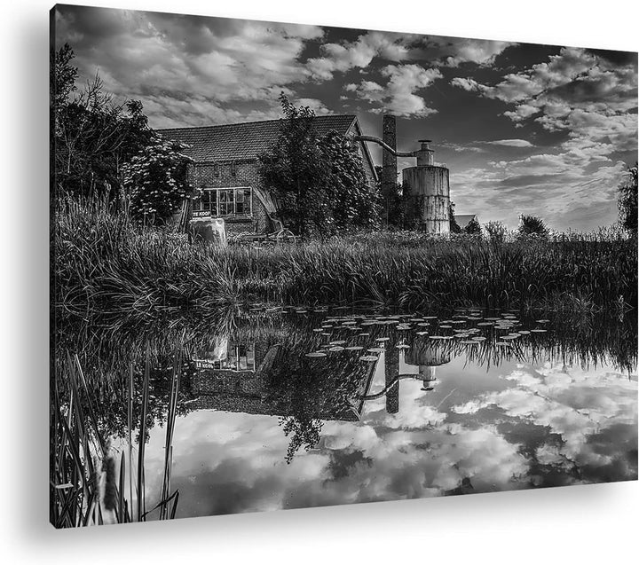 deyoli traumhafter Bauernhof Format: 80x60 cm Effekt: Schwarz&Weiss als Leinwandbild, Motiv fertig g