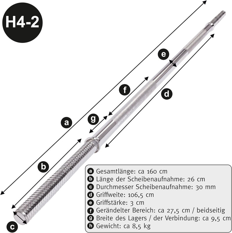 C.P. Sports Hantelstange lang 30 mm Hantelscheiben Aufnahme mit und ohne Gewinde - Länge: 160-220 cm