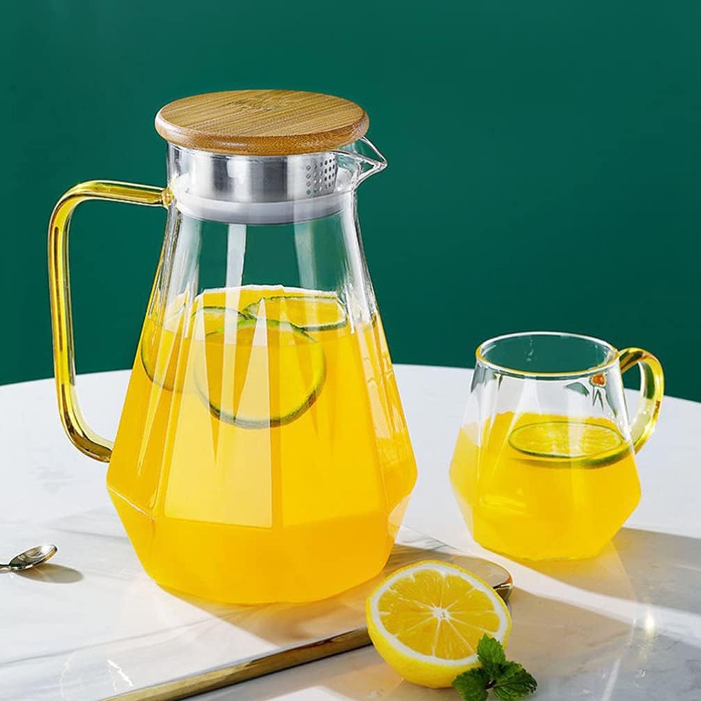 HEMOTON 2. 2L Glaskanne mit Holz Deckel Borosilikatglas Krug Eistee Kanne Glas Saftkrug Glaskrug Was
